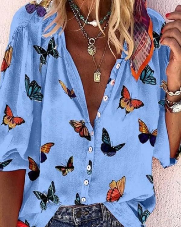 Butterfly-print Lapel Single-breasted Shirt