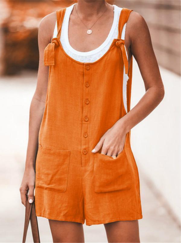 Solid Color Pocket With Cotton And Linen Strap Jumpsuits