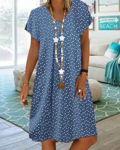 Women Casual Short Sleeve V-neck Polka Dot Printed Dress