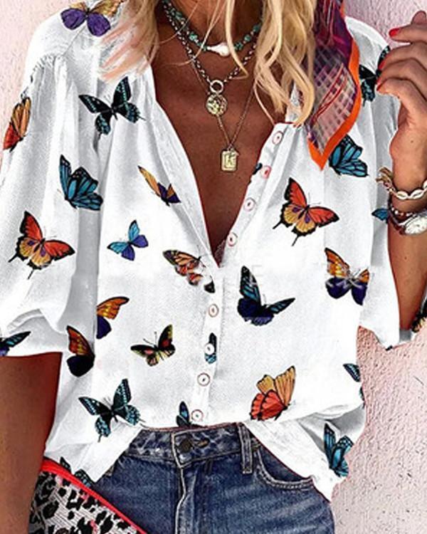 Butterfly-print Lapel Single-breasted Shirt