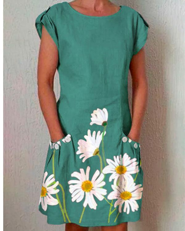Gray Short Sleeve Floral-Print Dresses