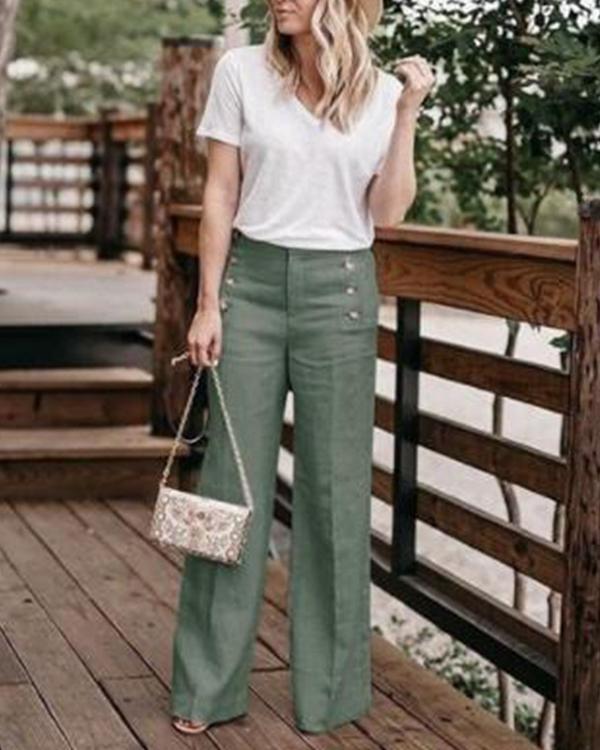 Solid Color High Waist Casual Button Wide Leg Pants