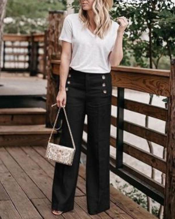 Solid Color High Waist Casual Button Wide Leg Pants