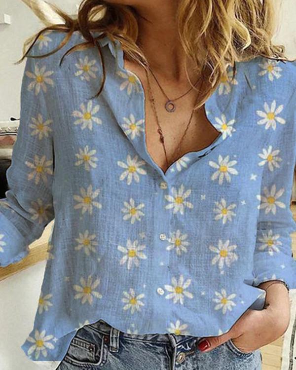 A Lapel Printed Long Sleeve Blouse