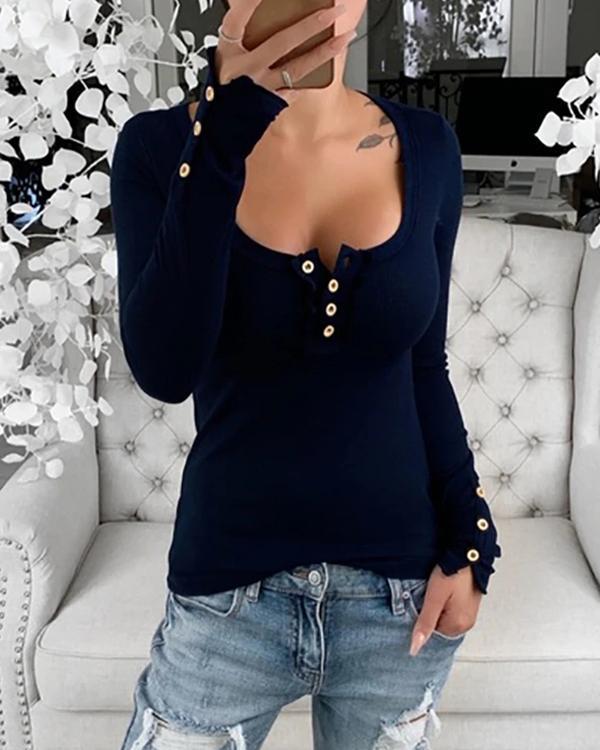Tight-Fitting Button Open-Chest T-Shirt Top
