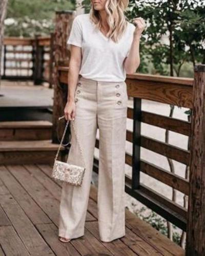 Solid Color High Waist Casual Button Wide Leg Pants