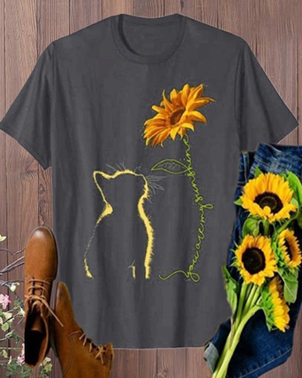 Vintage Cat And Sunflower Printed Plus Size Short Sleeve Casual Tops Shirts