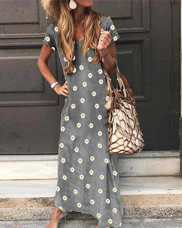 V Neck Casual Short Sleeve Flower Print Maxi Dresses