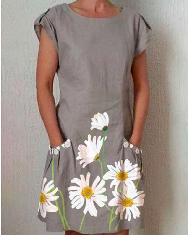 Gray Short Sleeve Floral-Print Dresses