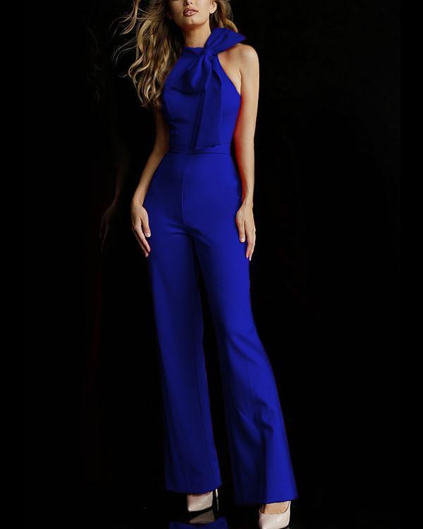 Sleeveless High Neck Jumpsuit With Bow Detail