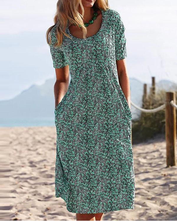 Summer Printed Midi Dress Crew Neck Dresses