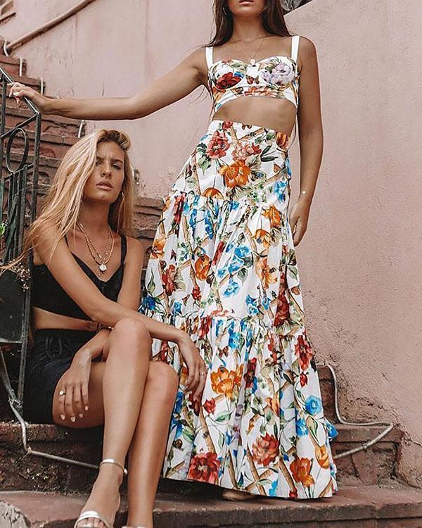 Sexy Off Shoulder Midriff-Baring Floral Printed Beach Maxi Dress
