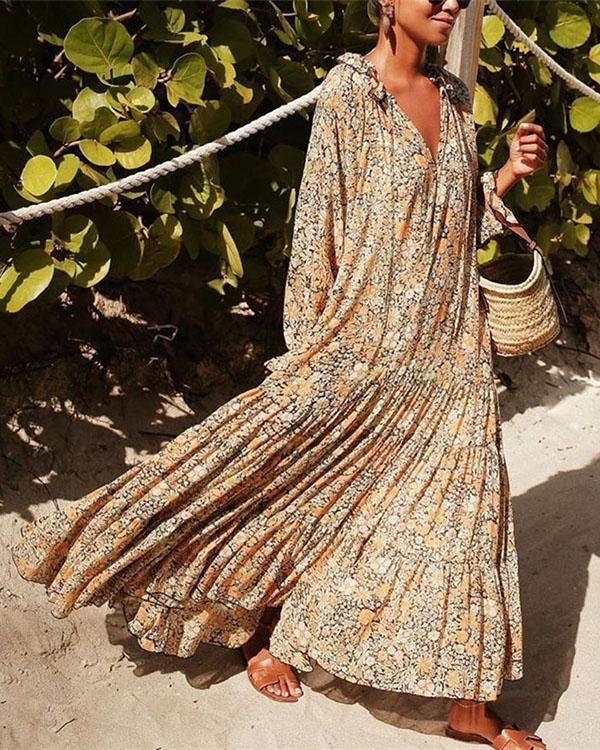 Spring Summer Casual Long Sleeve Printed Colour Elastic Maxi Dresses