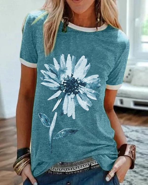 Casual Plus Size Floral Printed Tee Shirts Tops