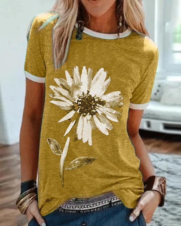 Casual Plus Size Floral Printed Tee Shirts Tops