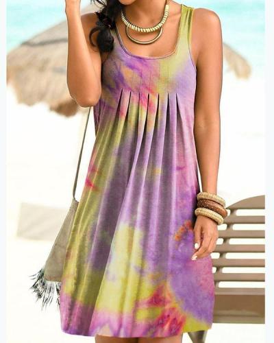 Sleeveless Holiday Gradient Print Paneled Pleated Mini Dress