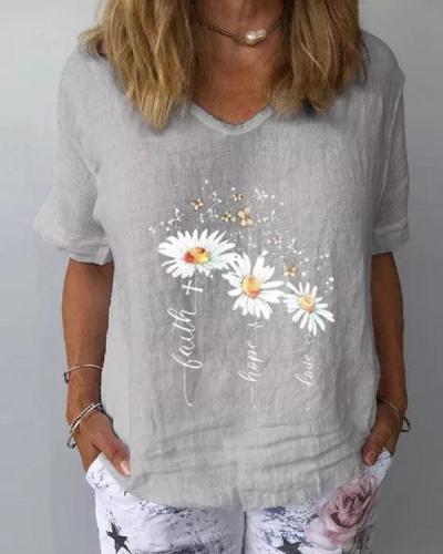 Floral V-Neckline Half Sleeve Casual T-shirts