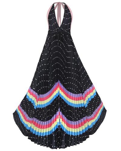 Simple Sleeveless Lace Halter Rainbow Print Pleated Dress