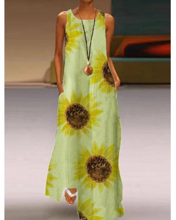 Flower Floral Holiday Crew Neck Sleeveless A-Line Swing Dresses