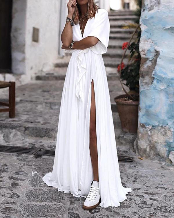 v neck short sleeve lace maxi dress