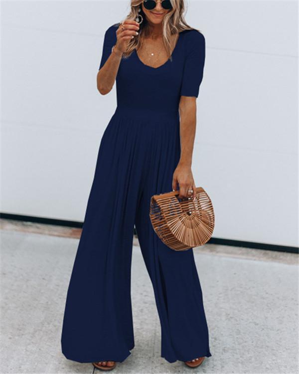 Solid Color Short Sleeve Wide Leg Jumpsuit