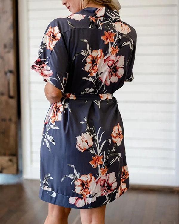 Short Sleeve Floral Leaf Print Dress