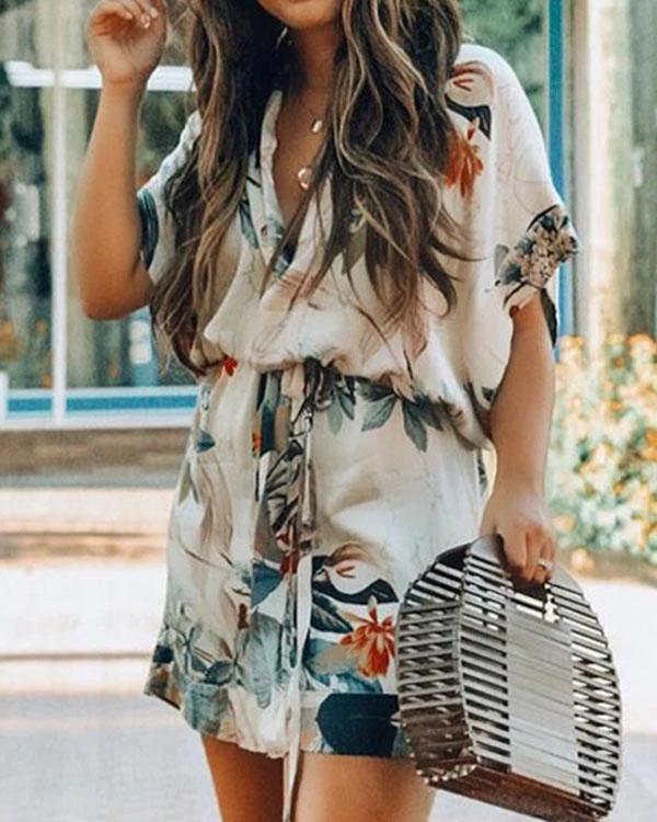 Short Sleeve Floral Leaf Print Dress