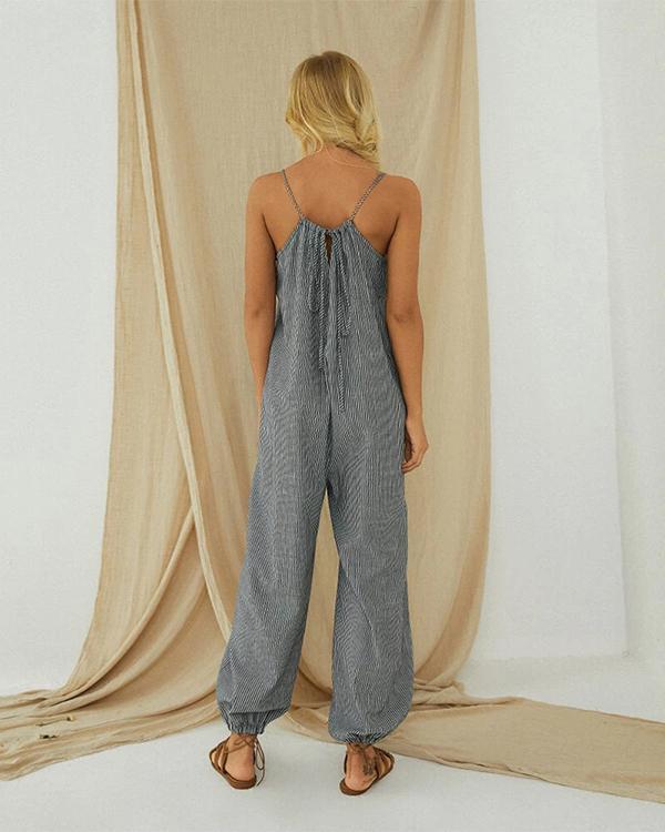 Striped Adjustable Shoulder Strap Loose Jumpsuit With Pocket