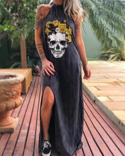 Skull Print Halter Neck Sleeveless Casual Slit Maxi Dress