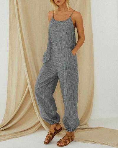 Striped Adjustable Shoulder Strap Loose Jumpsuit With Pocket