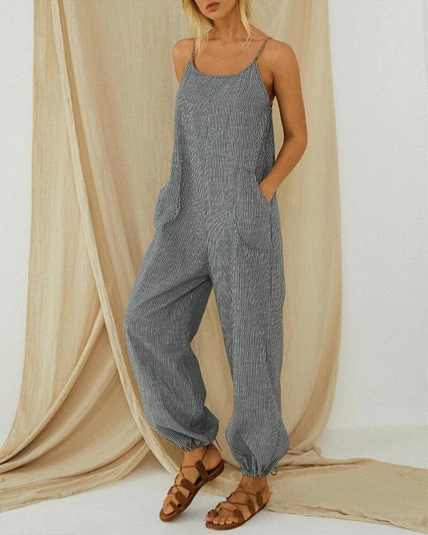 Striped Adjustable Shoulder Strap Loose Jumpsuit With Pocket