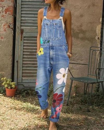 Sleeveless Denim Floral Floral-Print One-Pieces Jumpsuits