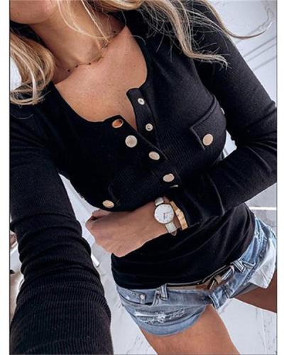 Solid Color Knitted Button Blouse