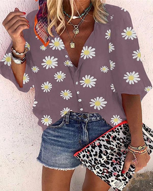 Women Daisy Printed Shirt Boho Causal  Blouse