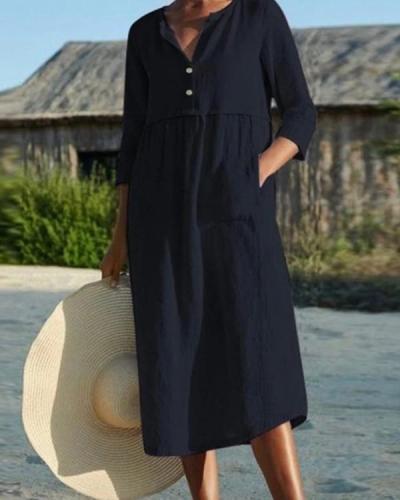 Cotton And Linen Pocket 3/4 Sleeve Dress