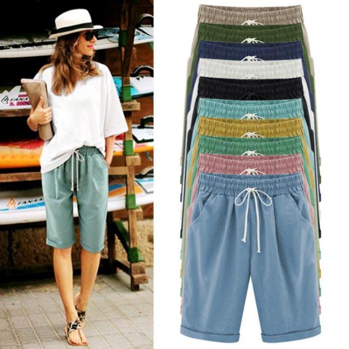 Summer Shorts Lace Up Elastic Waistband Loose Solid Pants