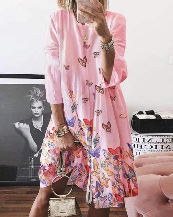 Normal Butterfly Casual Long-Sleeved Dresses