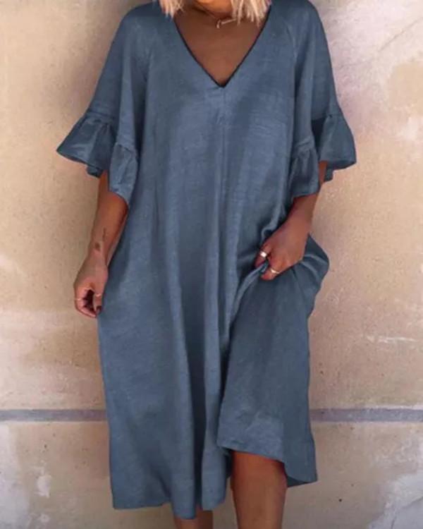 Casual Solid Tunic V-Neckline Shift Dress