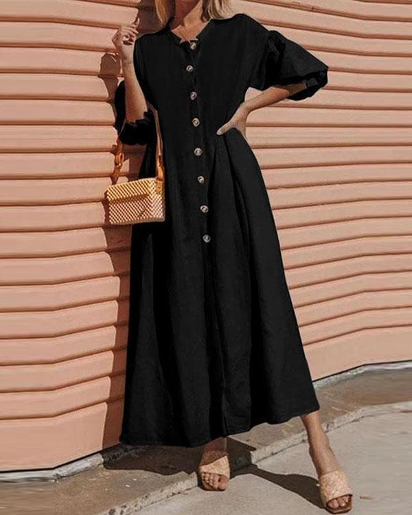 Solid Buttoned Balloon Sleeves Loose Maxi Dress