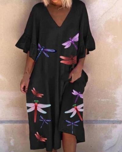 Dragonfly Print Lotus Leaf Sleeve Mini Dress