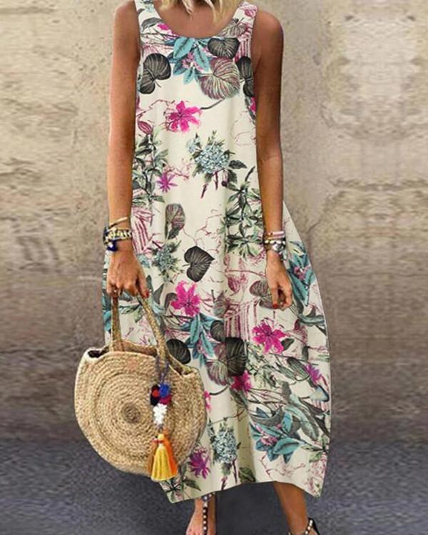 Casual Floral Tunic Round Neckline Shift Dress