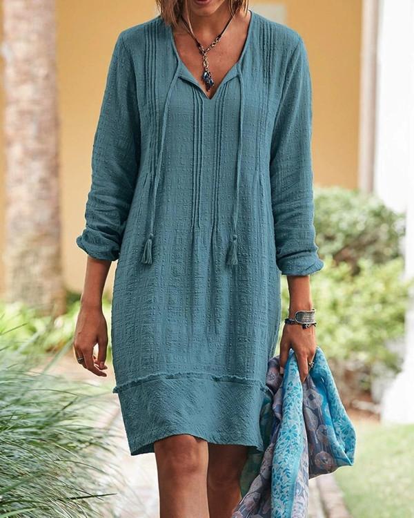 Vintage Long Sleeve Tie-Neck Cotton Dress