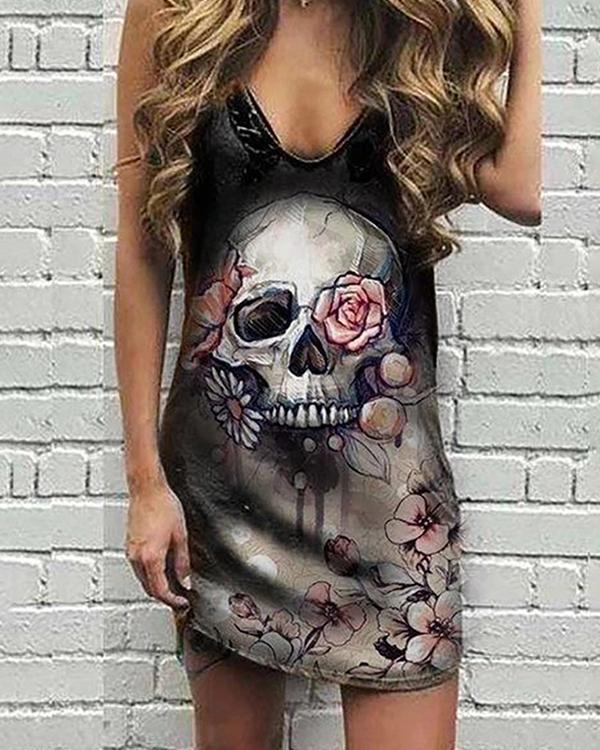 Skull Floral Print Sleeveless Casual Dress