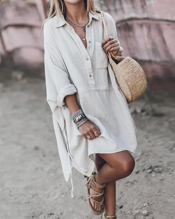 Casual Loose Cotton And Linen V-neck Dress