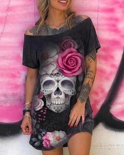 Skull Floral Print Sleeveless Vintage Mini Dress