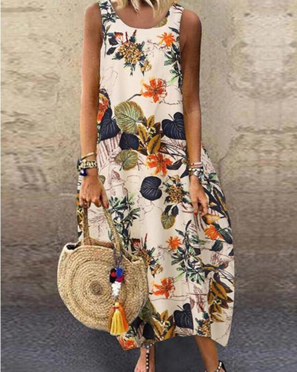 Casual Floral Tunic Round Neckline Shift Dress