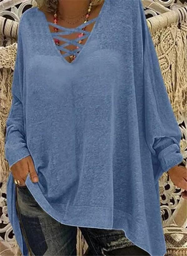 Solid Round Neckline Casual Shift Blouses Long Sleeve Plus Blouses