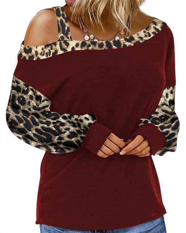 Animal Print One-Shoulder Long Sleeves Casual T-shirts