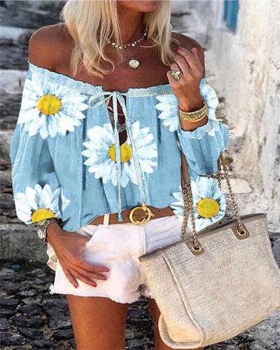 Print Floral Off the Shoulder Long Sleeves Casual Blouses