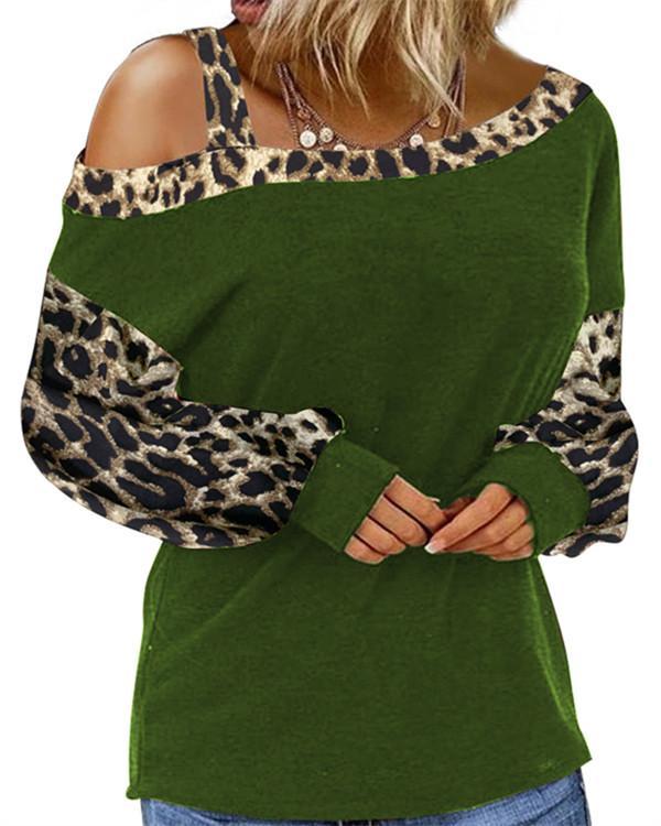 Animal Print One-Shoulder Long Sleeves Casual T-shirts